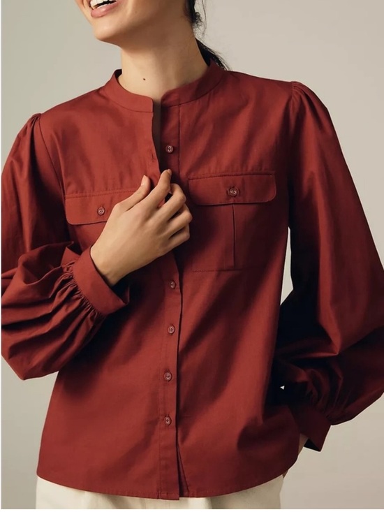 Anthropologie Tops - Anthropologie Nikasha Utility mandarin blouse button down shirt rust red